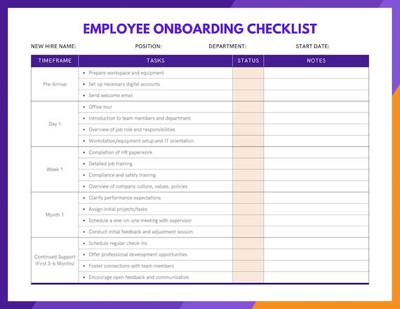 Printable Employee Onboarding Checklist; Instant Download Files - PDF, JPG, PNG