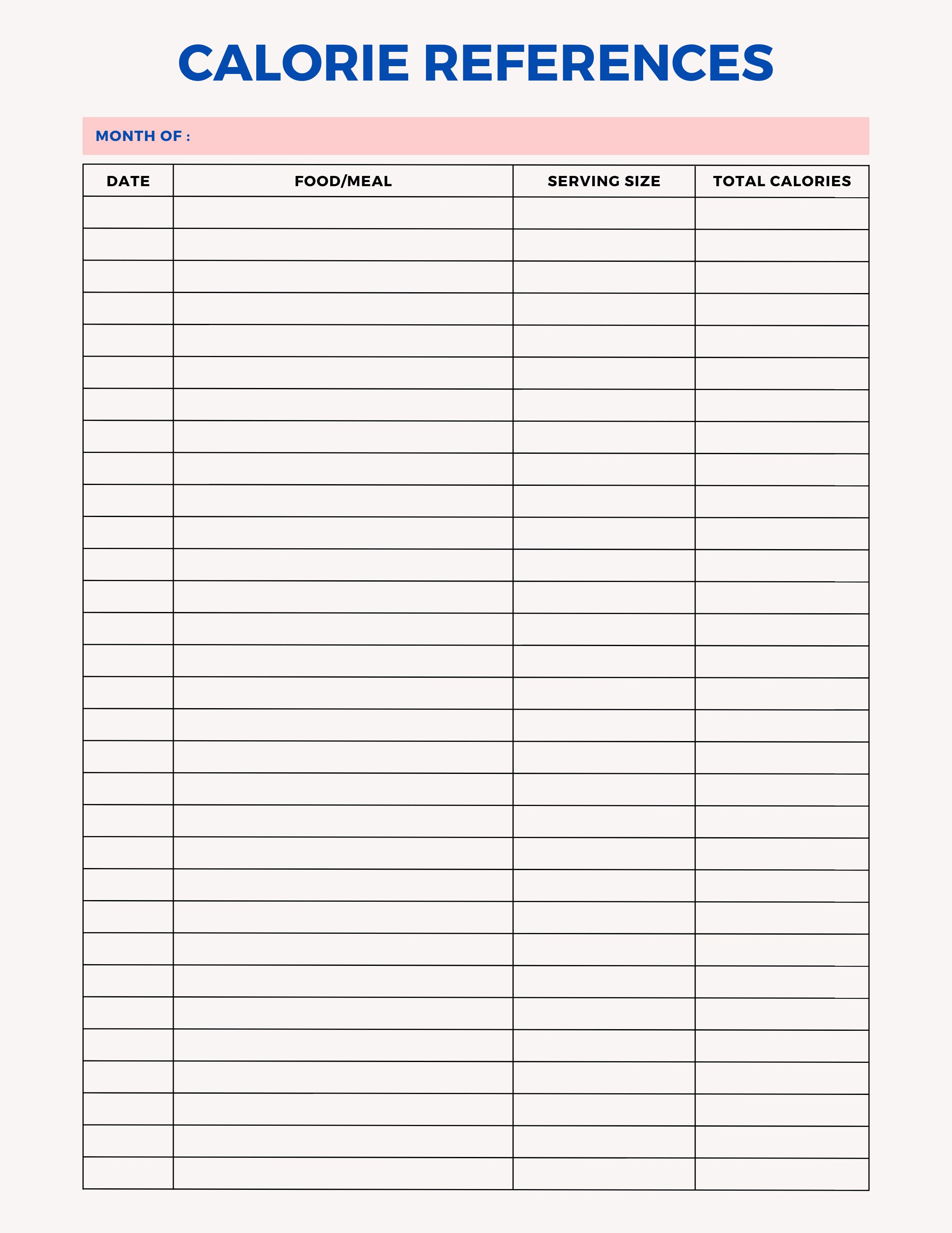 Printable Calorie References Planner Sheet - Etsy