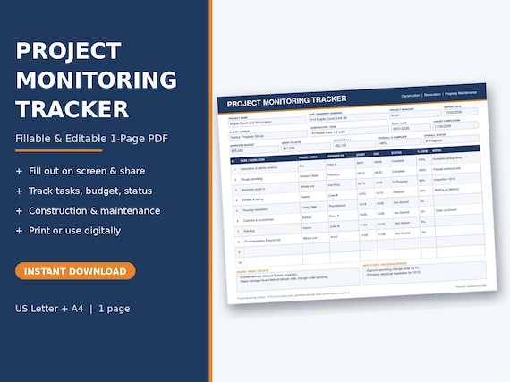 Fillable Project Monitoring Tracker PDF, Construction & Maintenance Task Log (Letter – A4)