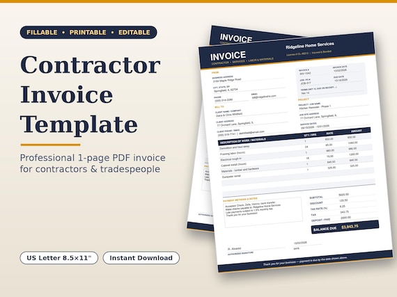 Fillable Contractor Invoice Template, Editable PDF for Tradespeople (Instant Download)