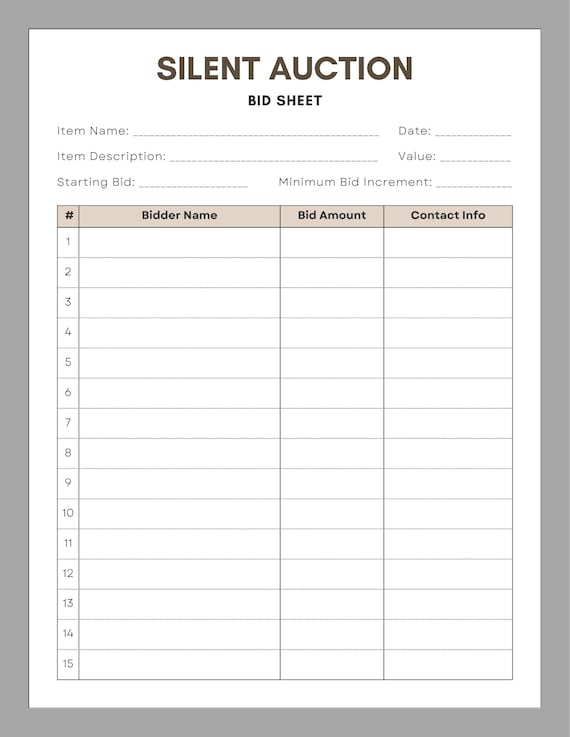 Printable Auction Bid Sheet