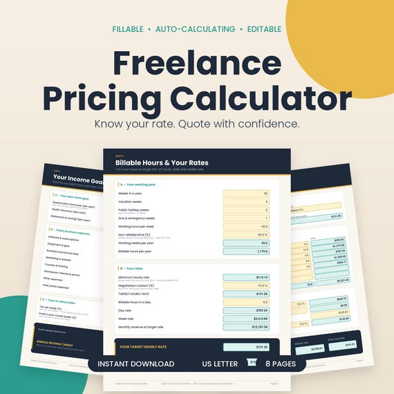 Freelance Pricing Calculator, Fillable PDF, Hourly Rate, Project Quote Template, Freelancer Tool, Instant Download