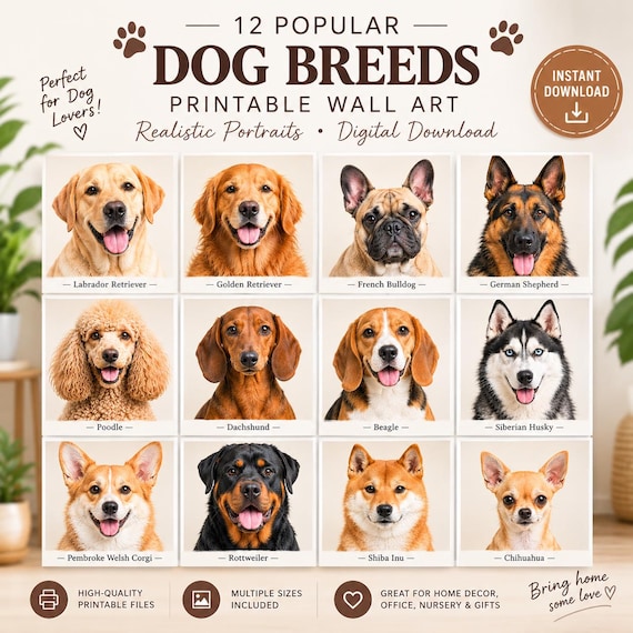 12 Popular Dog Breeds Printable Wall Art, Realistic Dog Portraits, Digital Download Bundle