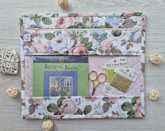 Textile envelope - Project Bag - Cross Stitch Project Bag - Roses on the milk