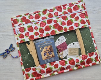 Textile envelope Strawberry, Project Bag, Cross Stitch, Vinyl-Fronted Project Pouch, Craft Supplies Storage