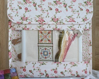 Textile envelope with a flap on buttons and a voluminous bottom Provance roses, Vinyl-Fronted Project Pouch for Cross Stitch, Project Bag