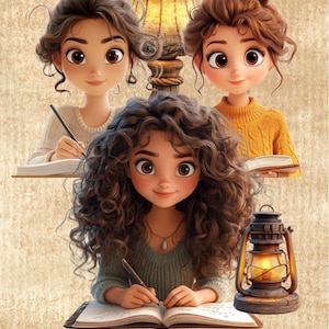 Könnte beinhalten: Illustration von drei jungen Frauen mit braunem Haar, die jeweils in ein Notizbuch schreiben. Sie tragen Pullover in neutralen Tönen. Eine Vintage-Lampe und eine Laterne befinden sich ebenfalls im Bild und schaffen eine warme Atmosphäre. Das Bild hat einen weichen, künstlerischen Stil.