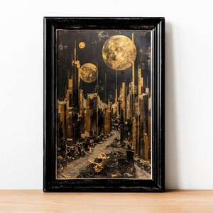 Futuristic City Canvas Art, Sci-Fi Dystopian Alien Metropolis, Luxurious Gold-Tone Urban Landscape, Unique Galactic Wall Decor
