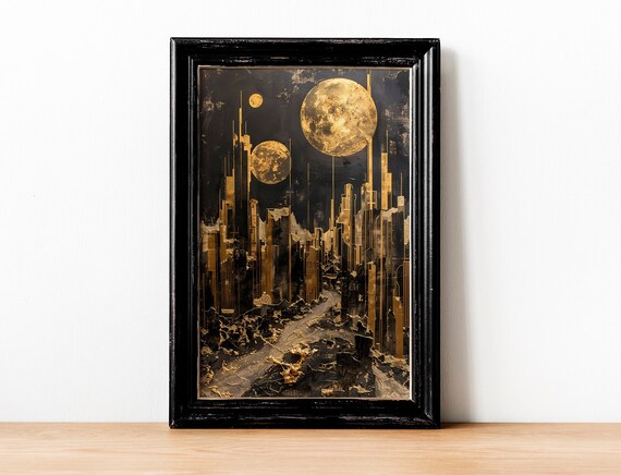 Futuristic City Canvas Art, Golden Dystopian Metropolis, Galactic Wall Decor