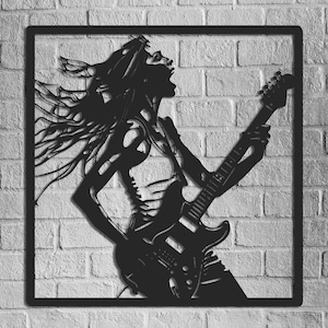 Female Rock Singer Lead Guitarist Silhouette, Gothic Metal Star, Musician Decor, Rock Music Artwork, Woman Heavy Metal Poster, Metal Gift