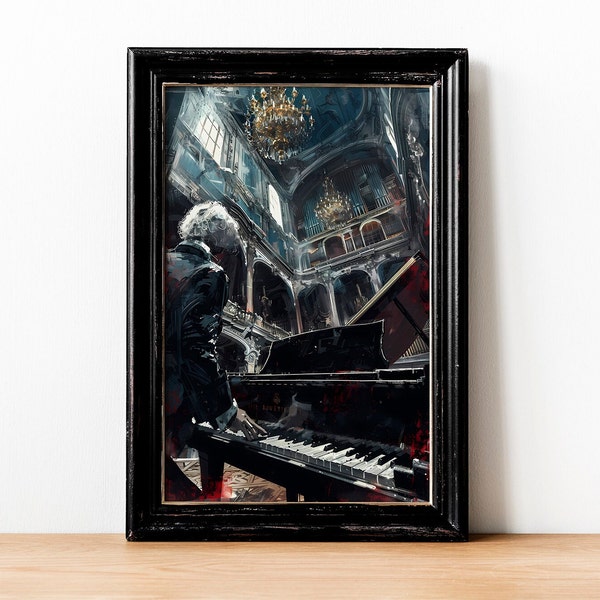 Mysterious Pianist in Victorian Concert Hall Canvas Art, Elegant Piano Performance Print, Alternative Music Hall Decor, Studio Decoration
