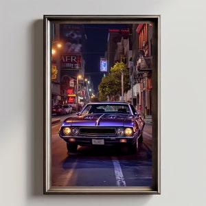 Classic American Muscle Car Canvas Art - Shiny Vintage Automobile on City Street, Retro Car Night Scene, Urban Car Art, Man Cave Gift