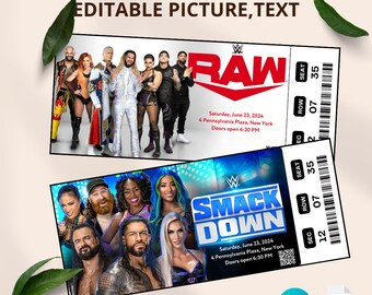 Printable WWE RAW SMACKDOWN 2024 Wrestling Show Digital Tickets, Editable Show Ticket, Ticket Template Instant Download