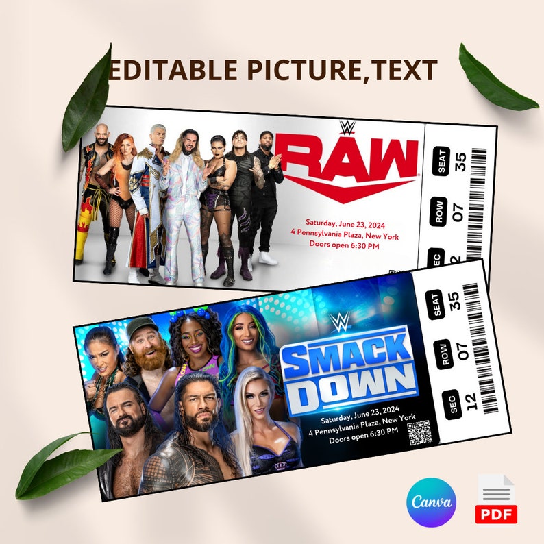 Printable WWE RAW SMACKDOWN 2024 Wrestling Show Digital Tickets