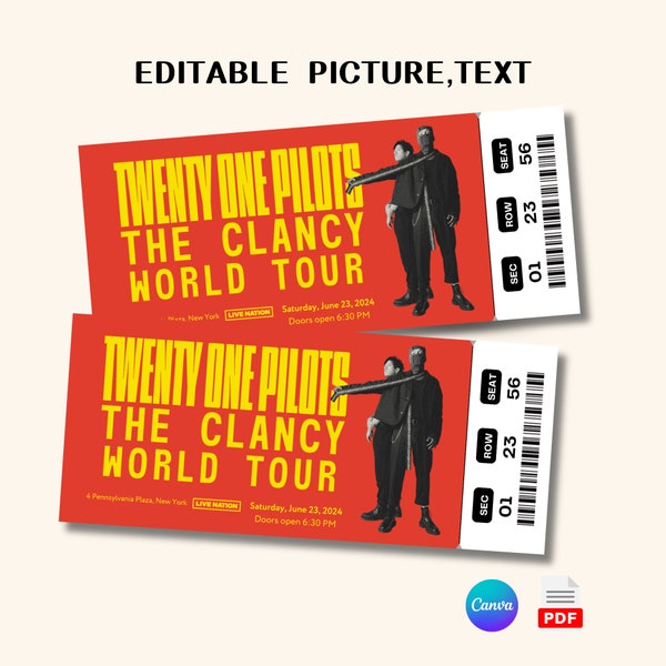 Printable Twenty One Pilots The Clancy World Tour Digital Tickets, Editable Music Concert Show Ticket, Ticket Template Instant Download