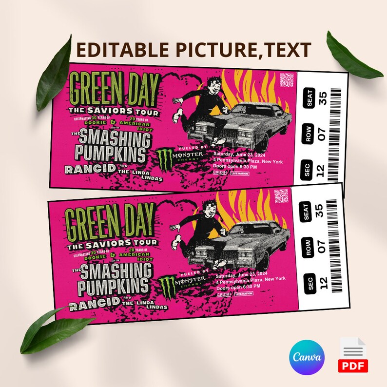 Editable Green Day Saviors Tour 2024 Concern Digital Tickets, Music