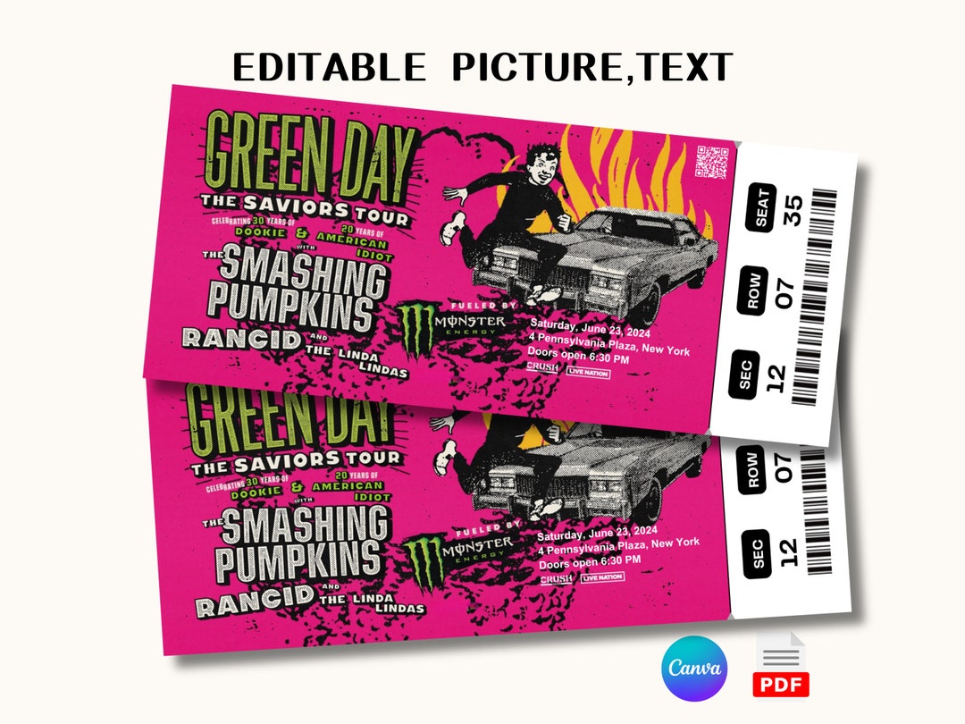 Editable Green Day Saviors Tour 2024 Concern Digital Tickets, Music