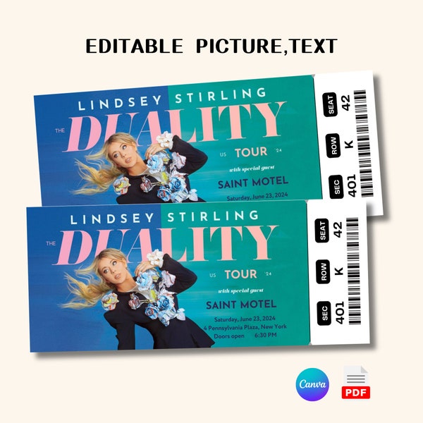 Printable Lindsey Stirling Duality Tour Digital Tickets, Editable Music Concert Show Ticket, Ticket Template Instant Download
