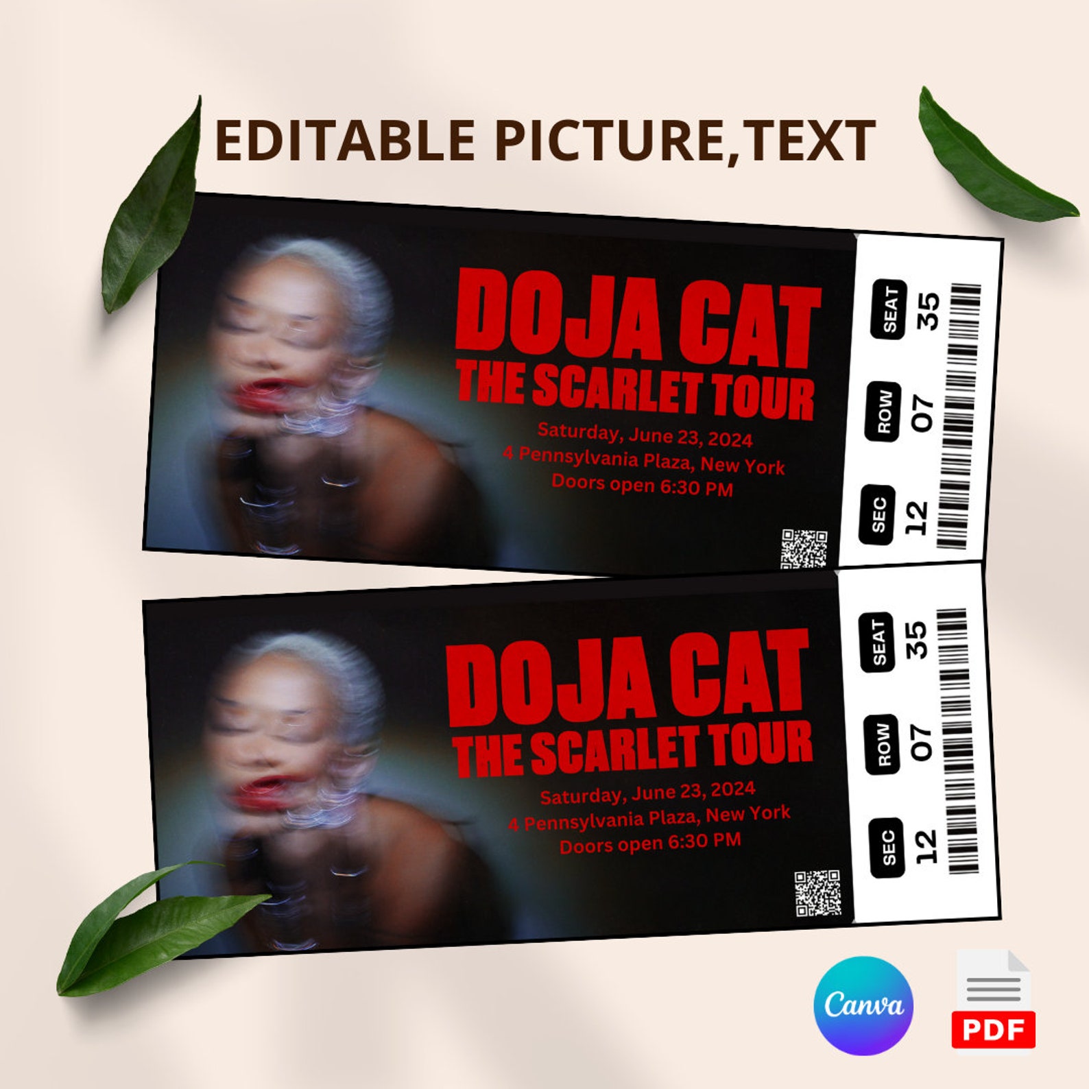 Printable Doja Cat the Scarlet Tour 2024 Digital Tickets, Editable
