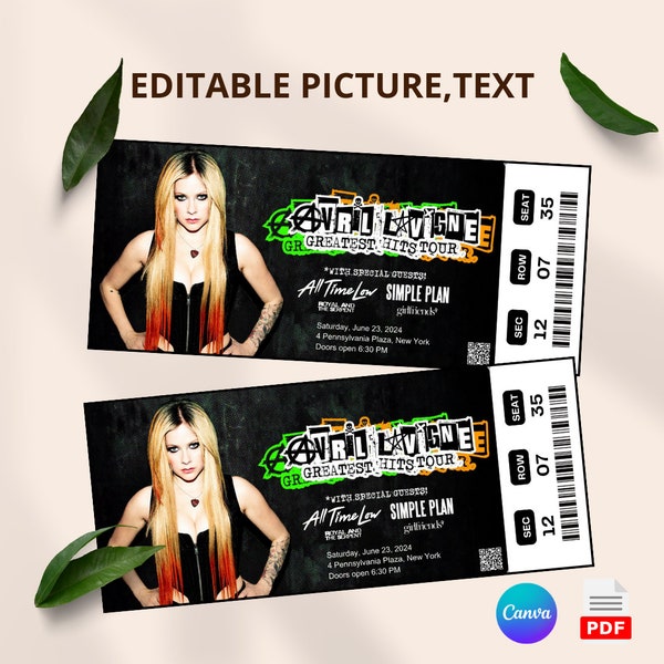 Editable Avril Lavigne The Greatest Hits Tour Digital Tickets, Avril Lavigne Music Concert Show Ticket, Ticket Template Instant Download