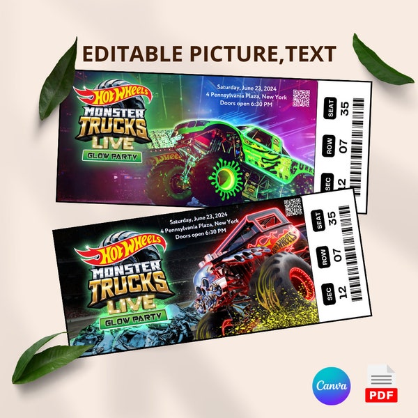 Printable Hot Wheels Monster Trucks Live Digital Tickets, Glow Party 2024 Show Editable Ticket, Ticket Template Instant Download