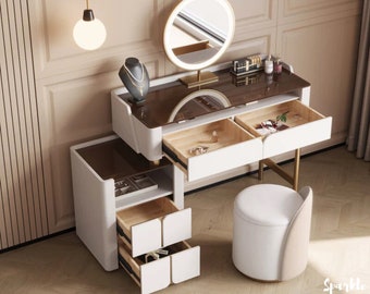 Glass Top Makeup Vanity, Desk with Lighted Mirror and Drawers, Makeup Vanity Table Set, Modern Make up desk