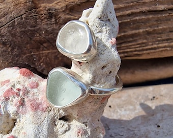 Double Sea Glass Ring – Adjustable Sterling Silver Ring – Genuine Sea Glass Statement Ring – Handmade Coastal Jewellery – Open Band Ring