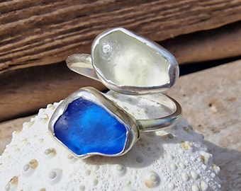Double Sea Glass Ring – Adjustable Sterling Silver Ring – Genuine Sea Glass Statement Ring – Handmade Coastal Jewellery – Open Band Ring
