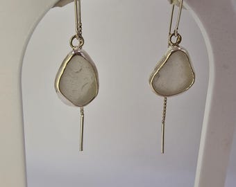 White Sea Glass Threader Earrings – Sterling Silver Threader Earrings – Genuine Sea Glass Jewellery – Minimalist Coastal Earrings – Handmade