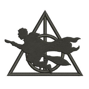 May include: Black silhouette of a person flying through the air inside a black triangle with a circle in the centre. The triangle is a symbol from the Harry Potter series.