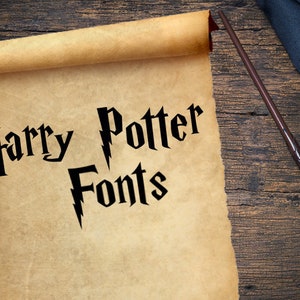 May include: A parchment scroll with the text "Harry Potter Fonts" written in a black, stylized font. A black and brown wand is lying on a wooden surface next to the scroll.