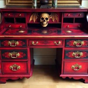 Custom Order Option: Upcycled Antique Rolltop Writer&#39;s Desk Gothic Red & Black Art Retro Home Study Office Decor Vintage Receptionist