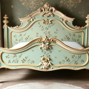 Custom Order Option: Antique French Style Mint Leaves-Themed Art Upcycled Vintage Bedroom Furniture Set- Bedframe Headboard Set Home Decor