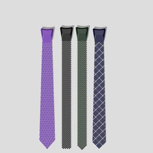 May include: Four neckties arranged vertically. The first is purple with a hexagonal pattern. The second is black with a fine textured grid. The third is dark green with a similar textured grid. The fourth is navy blue with a white diamond grid pattern.