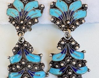 Antique Blue Enamel Flower Silver clip on earrings turquoise enamel