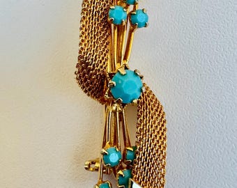 Vintage Turquoise Blue Rhinestone Mesh Ribbon Brooch – Mid Century Gold Tone Floral Spray Pin