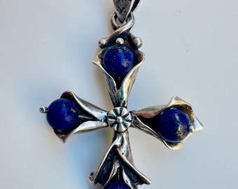 Vintage Sterling Silver 925 Lapis Lazuli Floral Cross Pendant, Calla Lily Gothic Renaissance Botanical Cross Charm
