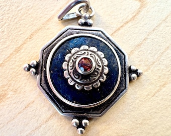Antique Lapis Lazuli Garnet octagonal silver pendant