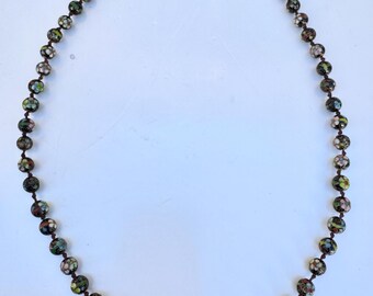 Vintage Chinese Cloisonné Enamel Bead Necklace – Black Floral Knotted Beads – Mid Century Asian Jewelry