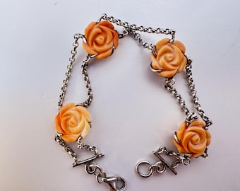 Vintage Italian Coral Rose Bracelet | Hand Carved Sterling Silver Floral Jewelry