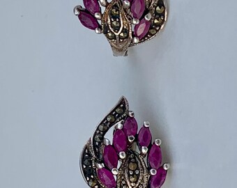 antique marquise-cut rubies marcasite stones sterling silver earrings