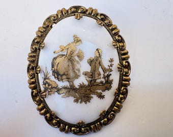 Vintage Courting Couple While Porcelain Gold Tone Filigree Brooch