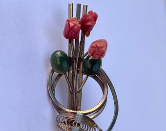 Vintage Coral and Jade silver tone floral brooch