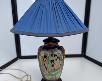 Vintage Chinese Porcelain Vase Lamp, Crackle Glaze Celadon, Court Ladies Scene, Mid Century Asian Table Lamp