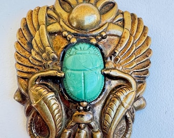 Vintage Egyptian Revival Scarab Brooch: Gold Tone Serpent Pin, Green Glass Art Deco Style