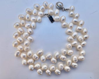 Vintage Baroque Freshwater Pearl Necklace – Cream White Strand Sterling Clasp