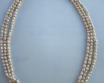 Vintage 3 strand baroque rice pearl necklace