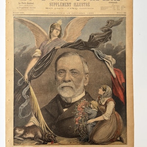 Pode incluir: Uma página de jornal vintage, "Le Petit Journal", com uma ilustração de Louis Pasteur. A imagem apresenta um anjo, uma mulher e uma criança, com o texto "A Louis Pasteur" na parte inferior.