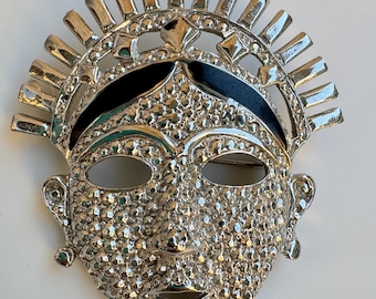Vintage Signed CRAFT Silver Tone Tribal Mask Brooch, Mid Century Stippled Deity Face Pin, Statement Figural Jewelry