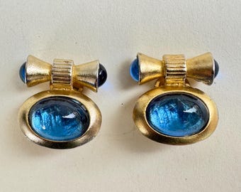 Signed Guy Laroche Paris Blue Cabochon Clip Earrings – Gold Tone Statement French Designer 1980s